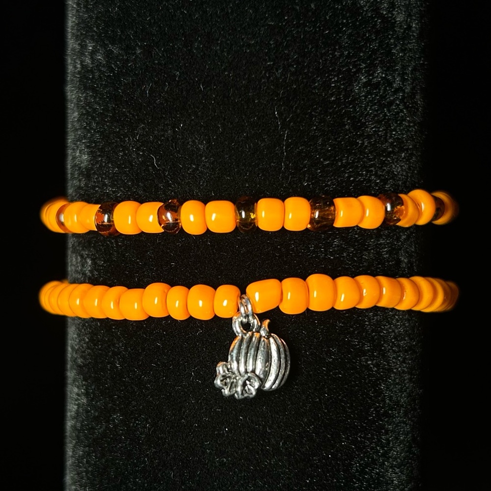 Halloween Orange Beaded Bracelet Set with Silver Pumpkin Charm S/M 6.5inches